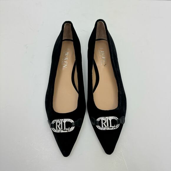 NEW Lauren Ralph Lauren | Lilah Black Velvet Crystal Logo Pointed Toe Flats - Picture 3 of 11